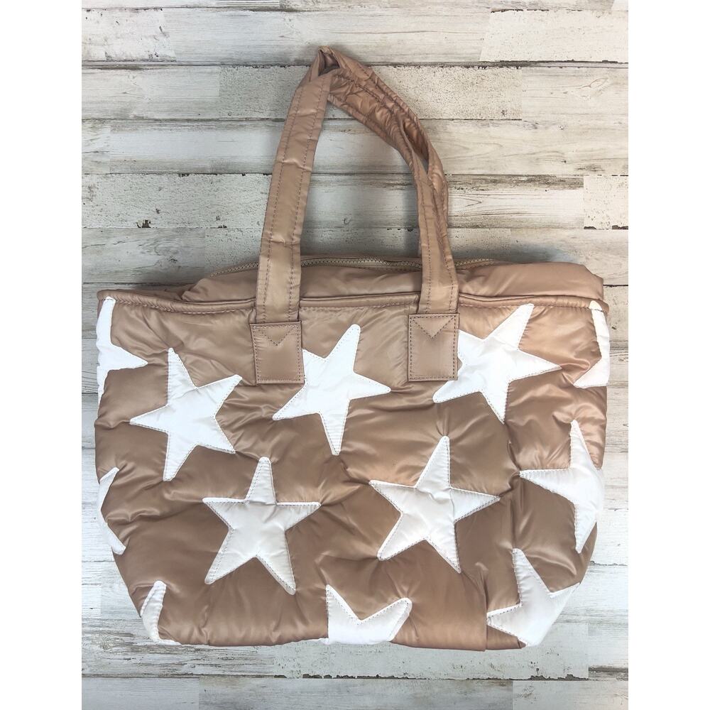 SINCERELY JULES Large Puffer Tote Bag Nude Beige White Stars Quilted Shoulder